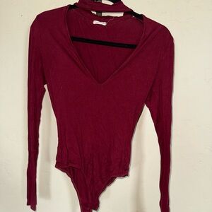 Elegant Red V-Neck Bodysuit with Collared Neck